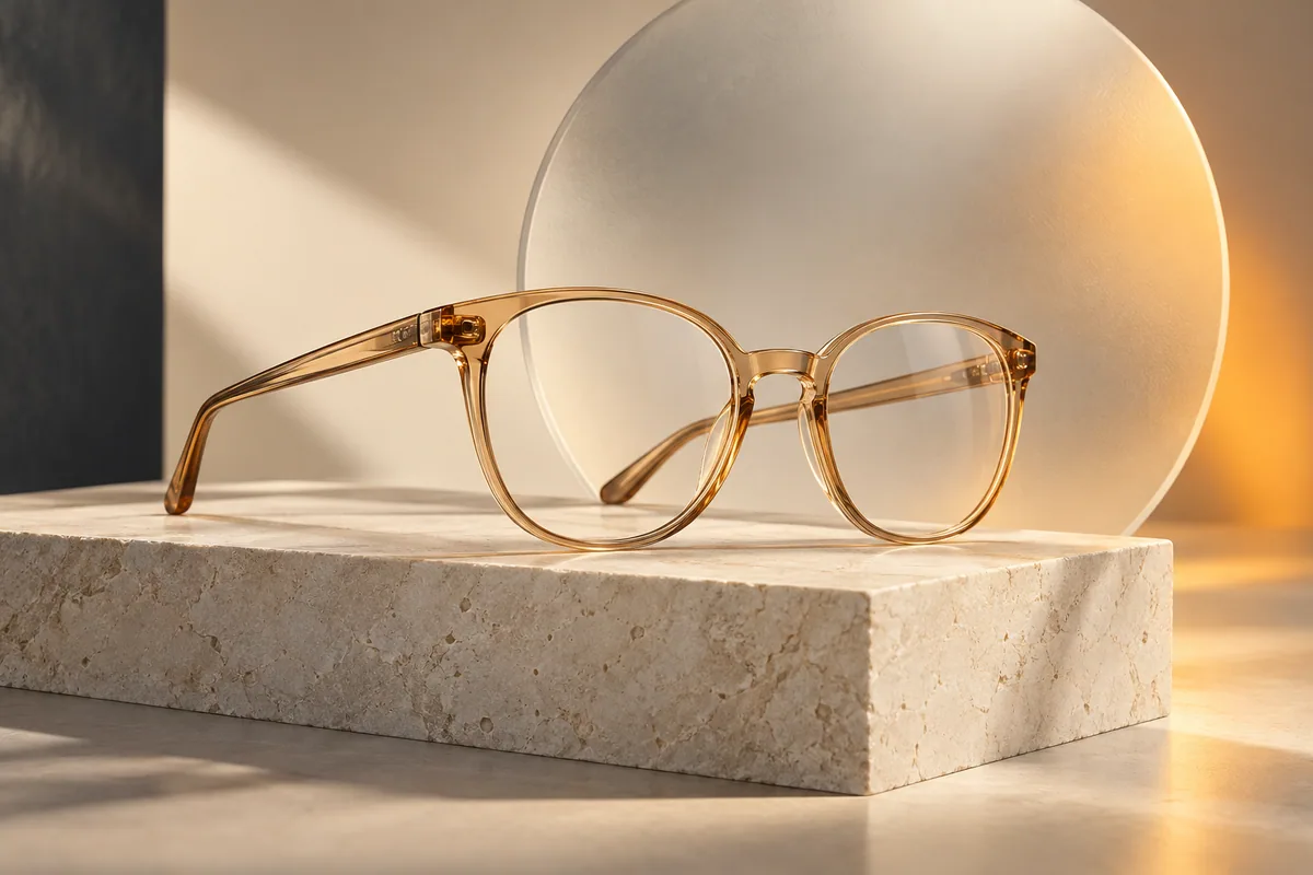 Brille mit transparentem Rahmen und warmen Lichtreflexen