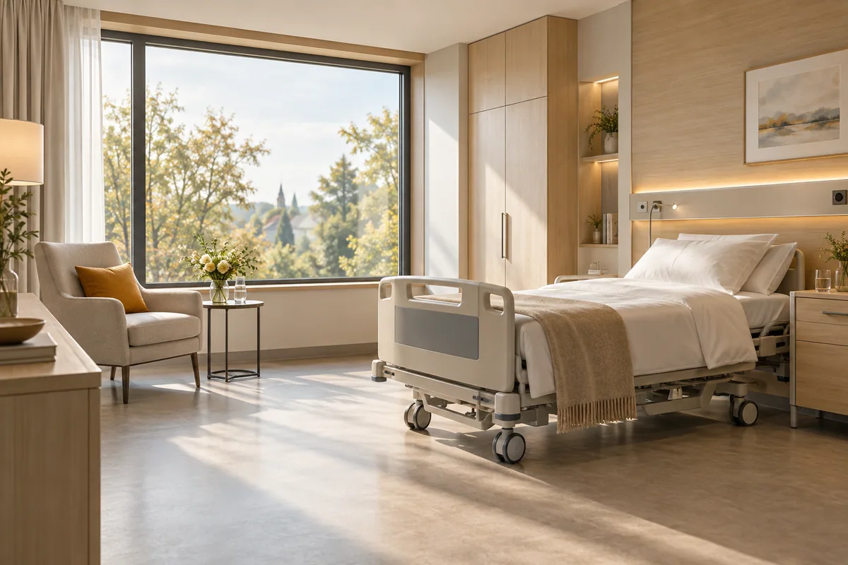 Illustratives ruhiges Krankenhaus-Einzelzimmer mit großem Fenster